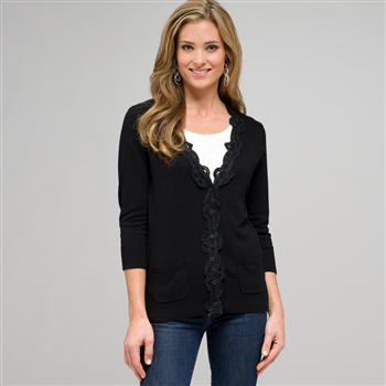 Lace Trimmed Cardigan, Black, large