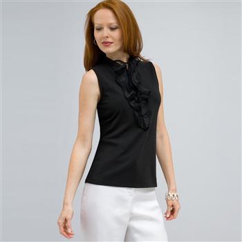 Zip Front Tank with Ruffles Blouse., Black, large